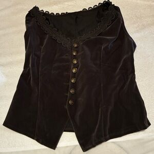 Black Lace-Trim Velvet Button Down Vest